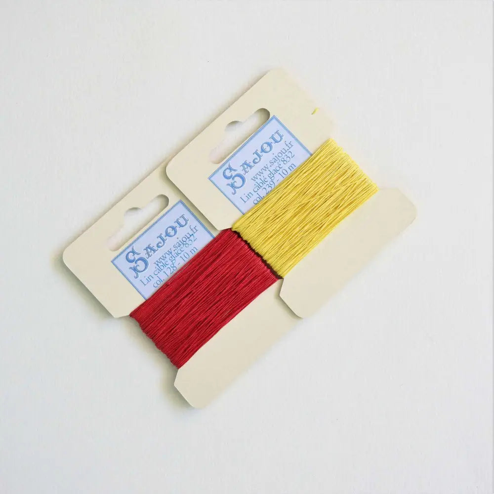 
                  
                    Cards of waxed linen thread in Red and Chicklet.  Wax linen thread for beading, jewellery, leather sewing, book binding, bracelets. Heavy duty thread. Size 832. Fil au Chinois waxed Linen from Maison Sajou. 
                  
                